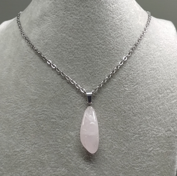 Rose Quartz Necklace Natural Gemstone Pink Crystal Pendant Stainless-Steel Chain - Picture 1 of 17